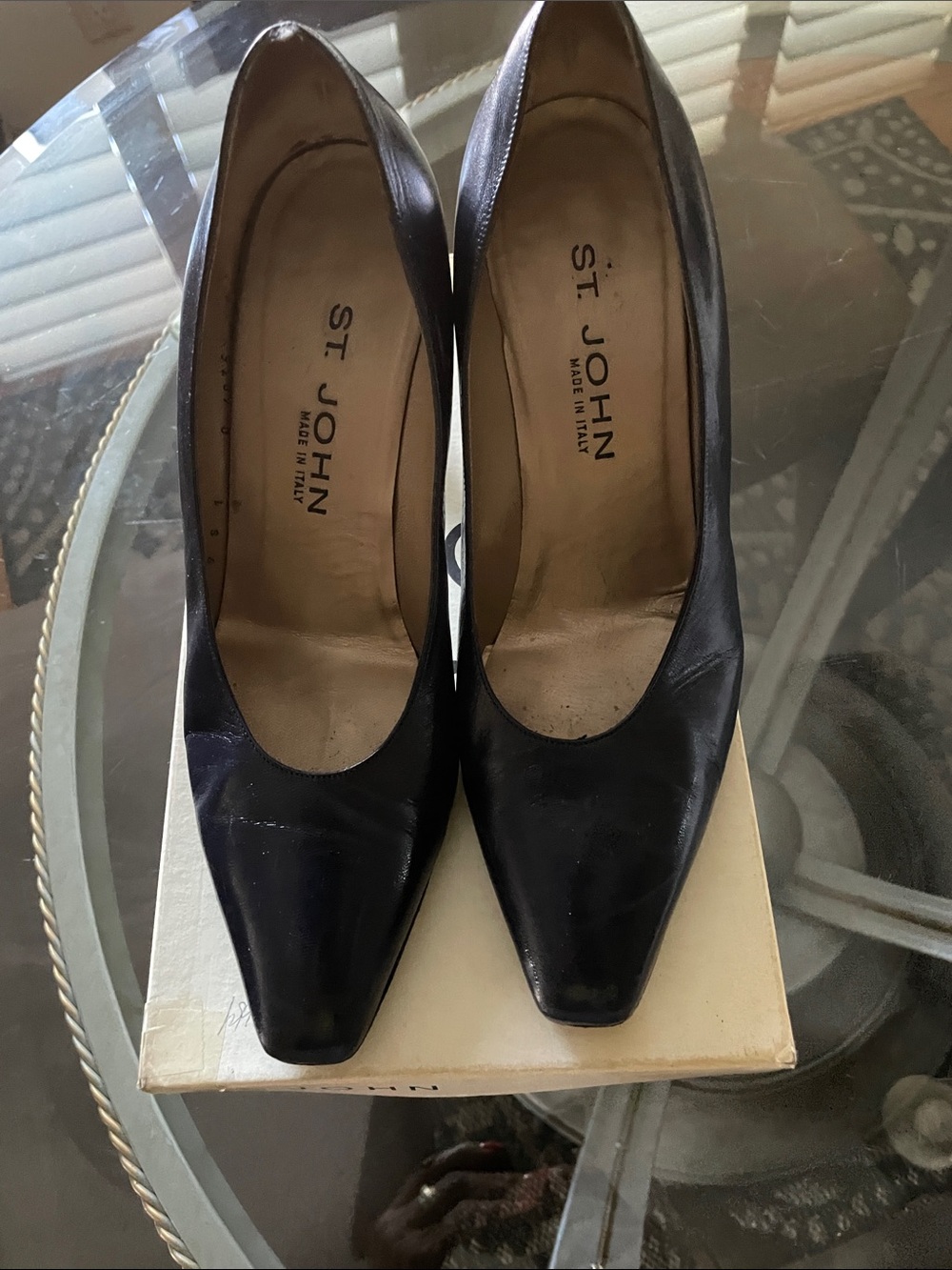 St. John Navy Leather Pointed-Toe Pumps